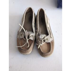Sperry Top Sider Boat Shoes Womens 5.5 Moc Toe Casual Grey Fabric BROWN TAN RARE